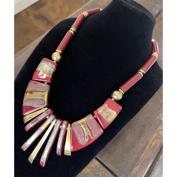 VTG Statement Art Deco Style Ceramic Necklace Red & Gold Beads- Japan 19” - Picture 1 of 4
